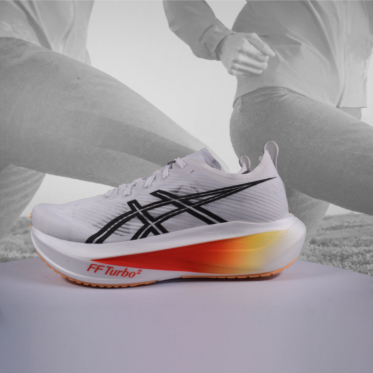 Asics Megablast Unisex Running Shoe, White/Orange Glow, available at Durban Runner