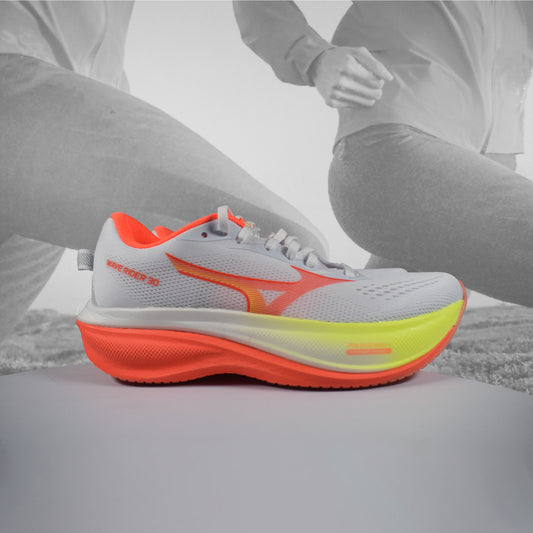 Mizuno Wave Rider 30 Men's Neutral Running Shoe, Powder Blue/Orange, available at Durban Runner