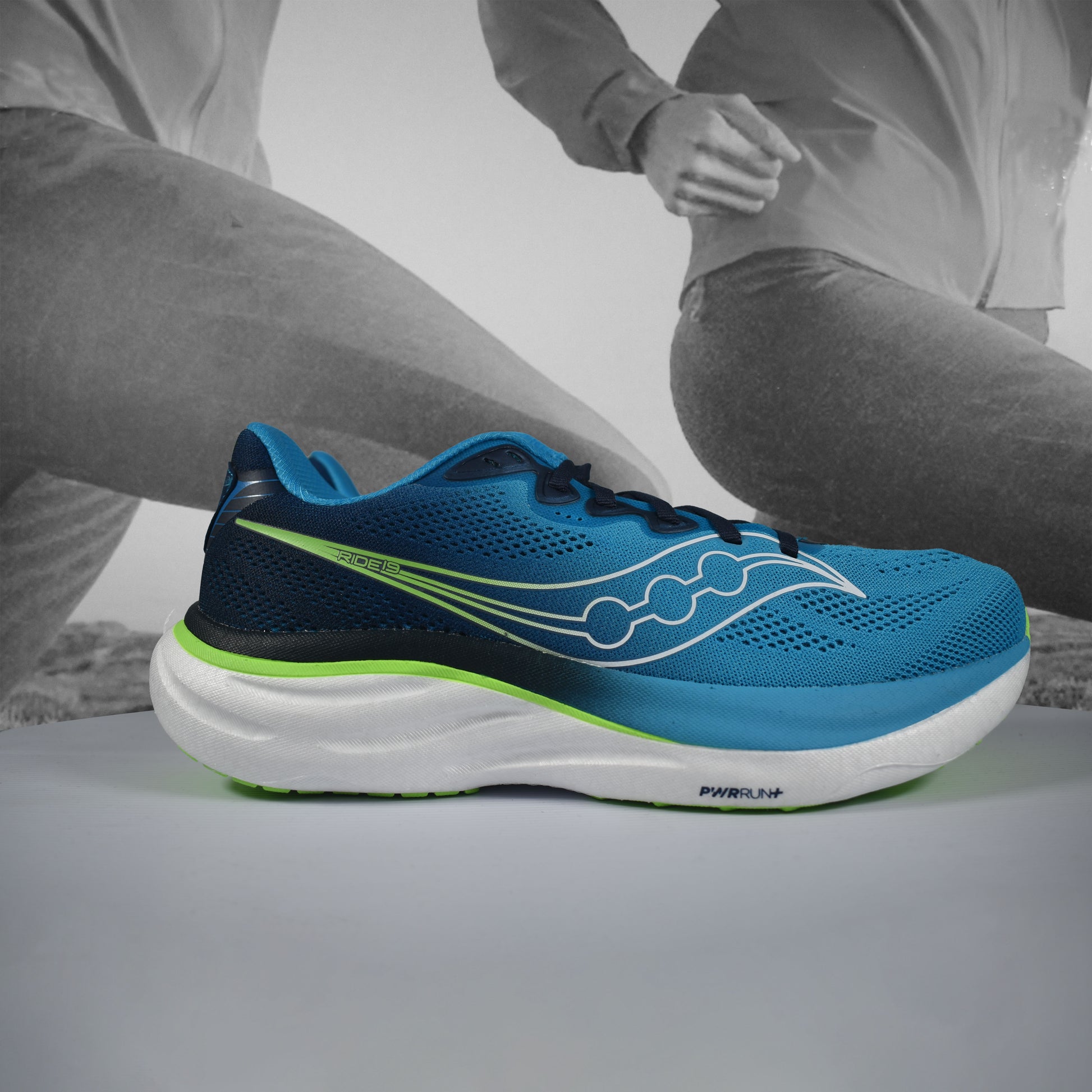 Saucony RIDE 19 Mens Road Running Shoes - Durban Runner COBALT/SLIME / 7.5